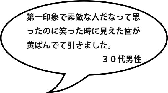 第一印象で素敵な人だなって思ったのに笑った時に見えた歯が黄ばんでて引きました。／３０代男性